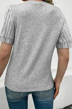 Fashion Dear-Lover Ribbed Splicing Sleeve Round Neck T-shirt Gray