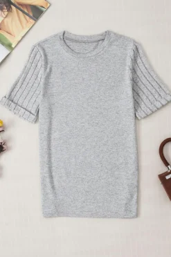 Fashion Dear-Lover Ribbed Splicing Sleeve Round Neck T-shirt Gray