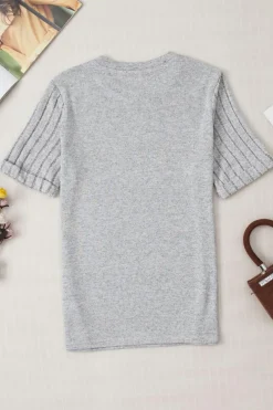 Fashion Dear-Lover Ribbed Splicing Sleeve Round Neck T-shirt Gray