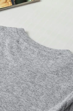 Fashion Dear-Lover Ribbed Splicing Sleeve Round Neck T-shirt Gray