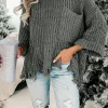 New Dear-Lover Ripped Raw Hem Chunky Pullover Sweater Gray