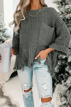 New Dear-Lover Ripped Raw Hem Chunky Pullover Sweater Gray