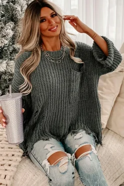 New Dear-Lover Ripped Raw Hem Chunky Pullover Sweater Gray