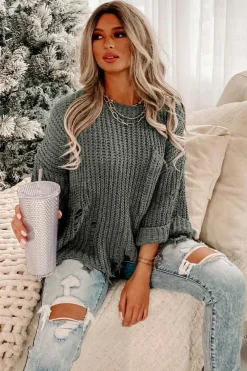 New Dear-Lover Ripped Raw Hem Chunky Pullover Sweater Gray