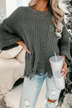 New Dear-Lover Ripped Raw Hem Chunky Pullover Sweater Gray