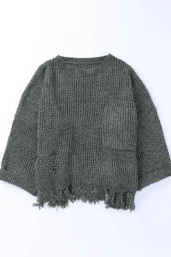 New Dear-Lover Ripped Raw Hem Chunky Pullover Sweater Gray