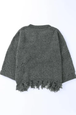 New Dear-Lover Ripped Raw Hem Chunky Pullover Sweater Gray