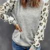 Best Dear-Lover Round Neck Leopard Long Sleeve Top Gray