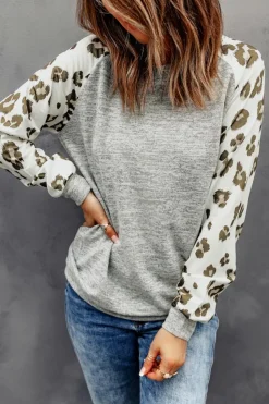 Best Dear-Lover Round Neck Leopard Long Sleeve Top Gray