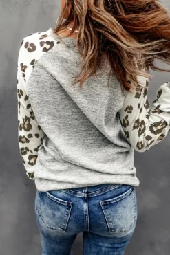 Best Dear-Lover Round Neck Leopard Long Sleeve Top Gray