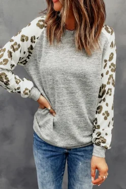 Best Dear-Lover Round Neck Leopard Long Sleeve Top Gray