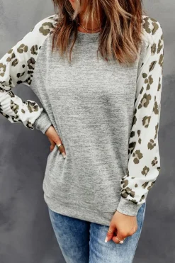 Best Dear-Lover Round Neck Leopard Long Sleeve Top Gray