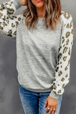 Best Dear-Lover Round Neck Leopard Long Sleeve Top Gray