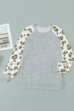 Best Dear-Lover Round Neck Leopard Long Sleeve Top Gray