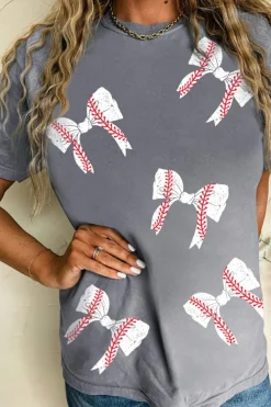 Online Dear-Lover Rugby Bow Knot Print Crewneck Casual T Shirt Gray