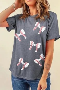 Online Dear-Lover Rugby Bow Knot Print Crewneck Casual T Shirt Gray