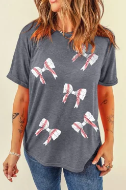 Online Dear-Lover Rugby Bow Knot Print Crewneck Casual T Shirt Gray