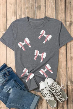 Online Dear-Lover Rugby Bow Knot Print Crewneck Casual T Shirt Gray