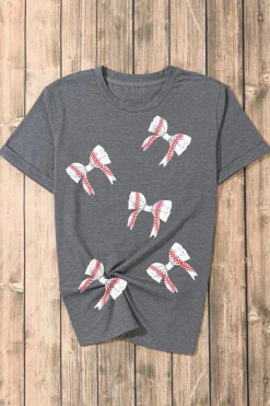 Online Dear-Lover Rugby Bow Knot Print Crewneck Casual T Shirt Gray