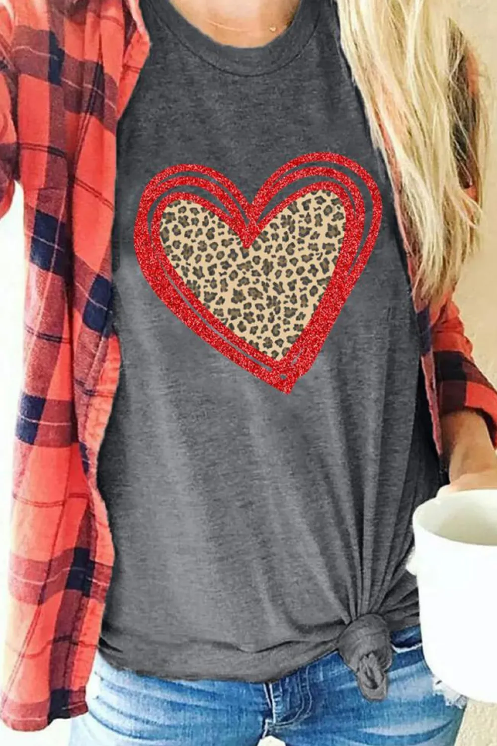 Online Dear-Lover Sequin Leopard Heart Graphic T-shirt Gray