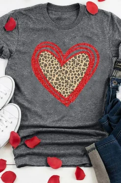 Online Dear-Lover Sequin Leopard Heart Graphic T-shirt Gray