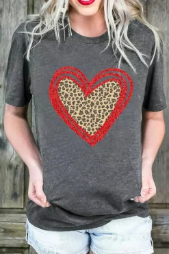 Online Dear-Lover Sequin Leopard Heart Graphic T-shirt Gray
