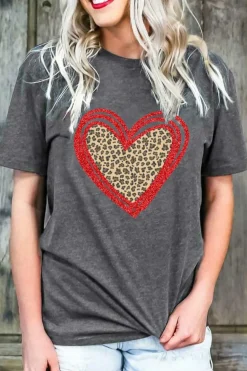 Online Dear-Lover Sequin Leopard Heart Graphic T-shirt Gray