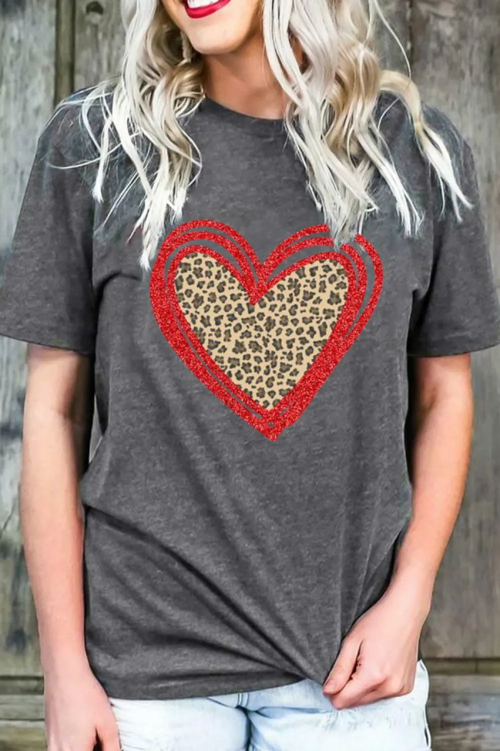 Online Dear-Lover Sequin Leopard Heart Graphic T-shirt Gray