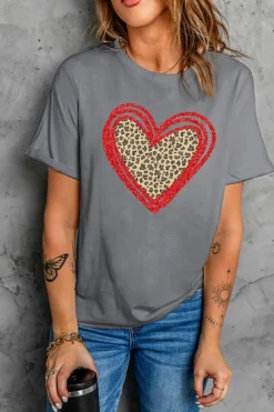 Online Dear-Lover Sequin Leopard Heart Graphic T-shirt Gray