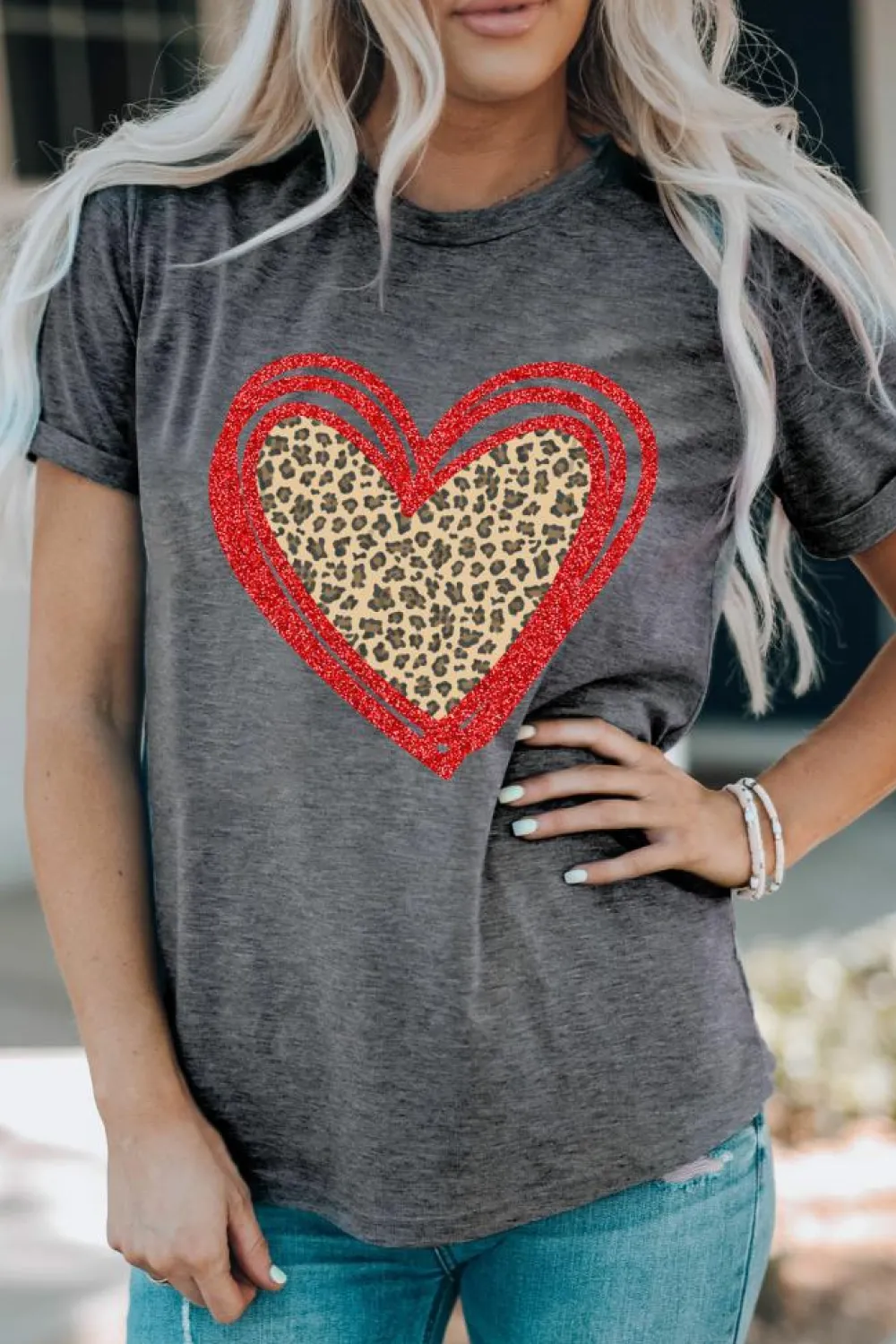 Online Dear-Lover Sequin Leopard Heart Graphic T-shirt Gray