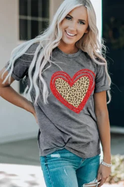 Online Dear-Lover Sequin Leopard Heart Graphic T-shirt Gray