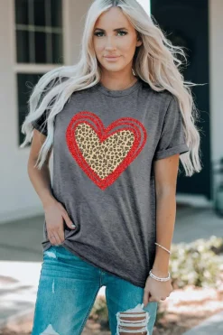 Online Dear-Lover Sequin Leopard Heart Graphic T-shirt Gray