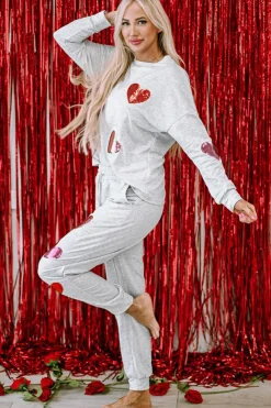 Outlet Dear-Lover Sequin Valentine Heart Pattern Pullover Jogger Pants Set Gray