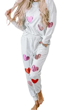 Outlet Dear-Lover Sequin Valentine Heart Pattern Pullover Jogger Pants Set Gray