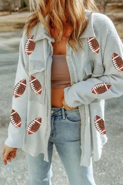 Clearance Dear-Lover Sequined Rugby Flap Pockets Buttoned Shacket Gray