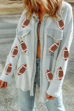 Clearance Dear-Lover Sequined Rugby Flap Pockets Buttoned Shacket Gray