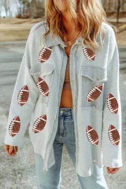 Clearance Dear-Lover Sequined Rugby Flap Pockets Buttoned Shacket Gray
