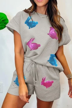 New Dear-Lover Shiny Easter Bunny Patch Textured Short Outfit Gray