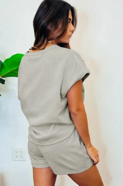 New Dear-Lover Shiny Easter Bunny Patch Textured Short Outfit Gray