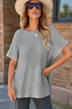 Online Dear-Lover Short Sleeve Side Slit Oversized Sweater Gray