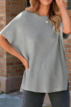 Online Dear-Lover Short Sleeve Side Slit Oversized Sweater Gray