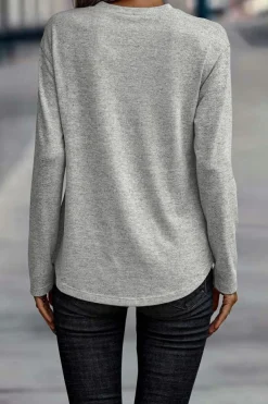 Clearance Dear-Lover Side Buttons Crew Neck Knit Top Gray
