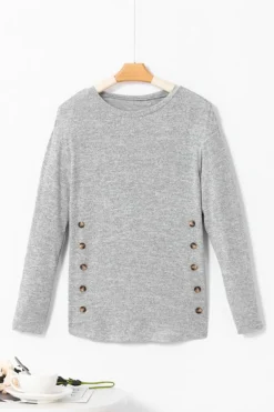 Clearance Dear-Lover Side Buttons Crew Neck Knit Top Gray