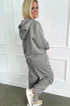 New Dear-Lover Solid Color Drawstring Hoodie and Wide Leg Pants Set Gray
