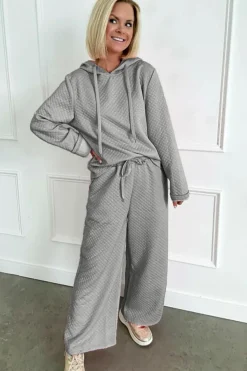 New Dear-Lover Solid Color Drawstring Hoodie and Wide Leg Pants Set Gray