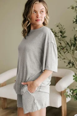 Clearance Dear-Lover Solid Color Loose Tee 2 Piece Shorts Set Gray
