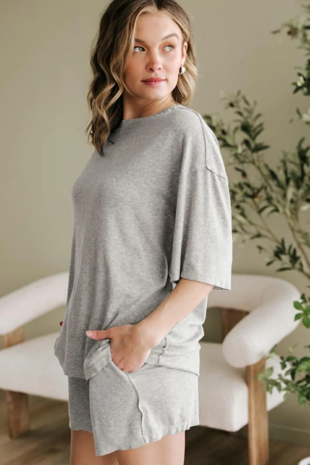 Clearance Dear-Lover Solid Color Loose Tee 2 Piece Shorts Set Gray
