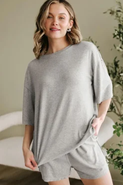 Clearance Dear-Lover Solid Color Loose Tee 2 Piece Shorts Set Gray