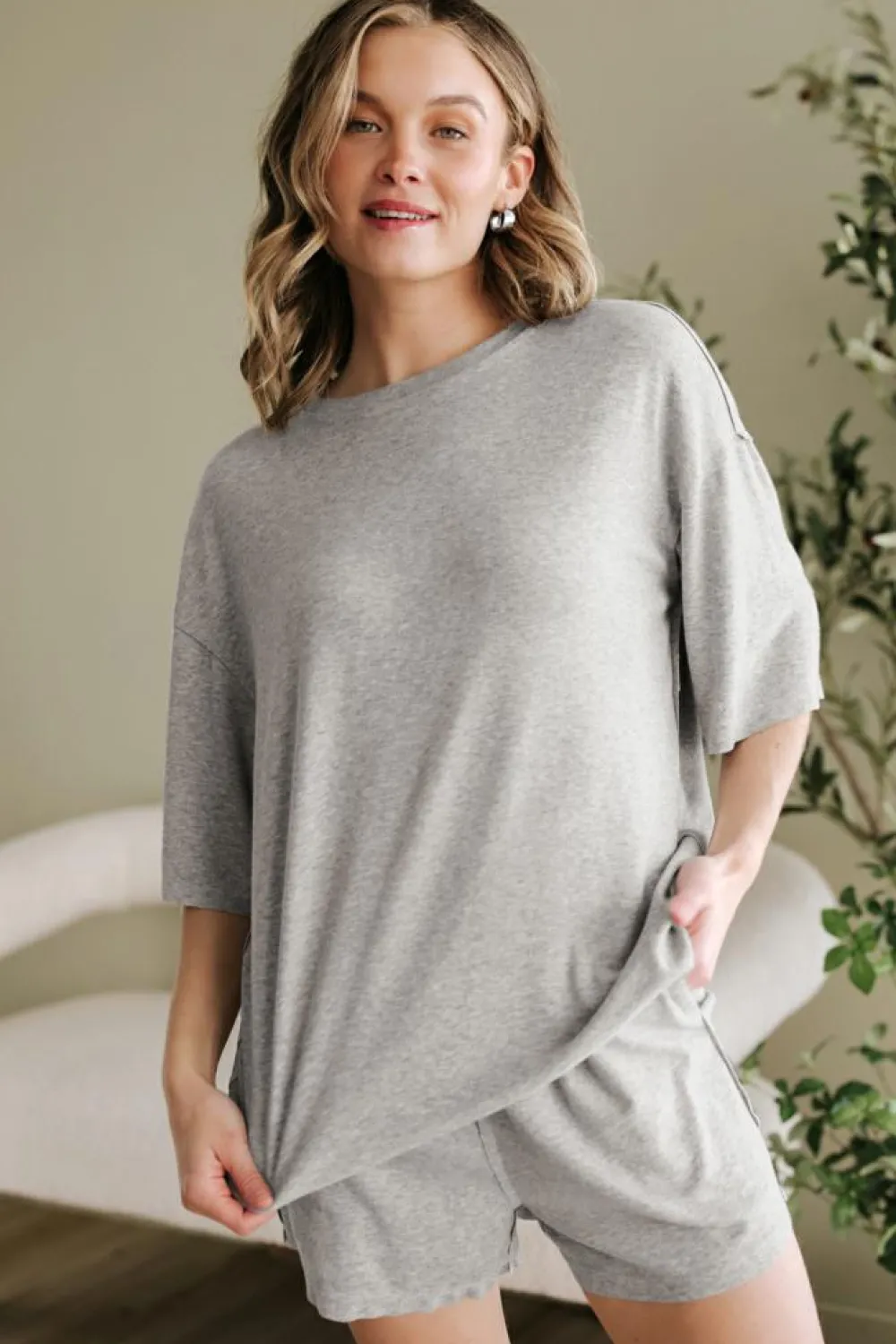 Clearance Dear-Lover Solid Color Loose Tee 2 Piece Shorts Set Gray