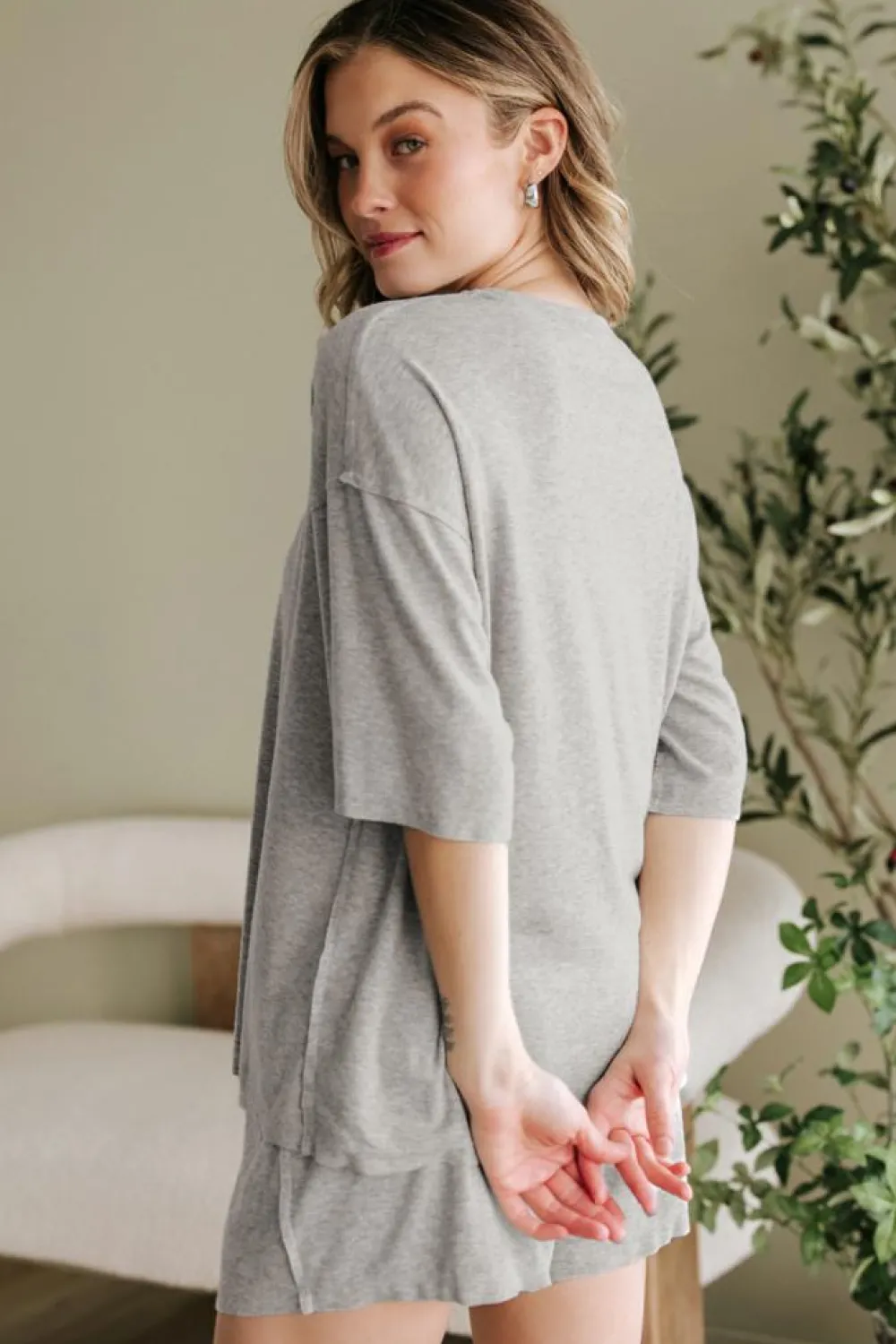 Clearance Dear-Lover Solid Color Loose Tee 2 Piece Shorts Set Gray